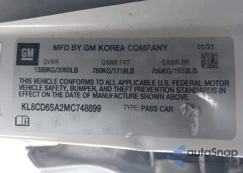 2021 Chevrolet Spark Fwd 1Lt Automatic z USA, uszkodzony, nr VIN KL8CD6SA2MC748899